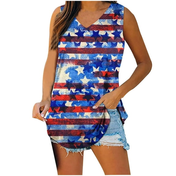 Wycnly 4th of July Tank Top for Women Lightweight Comfy Independence Day Shirts Tunic Patriotic Vest Summer Balloons Flag Print V-Neck Sleeveless Fashion Blouses Blue l