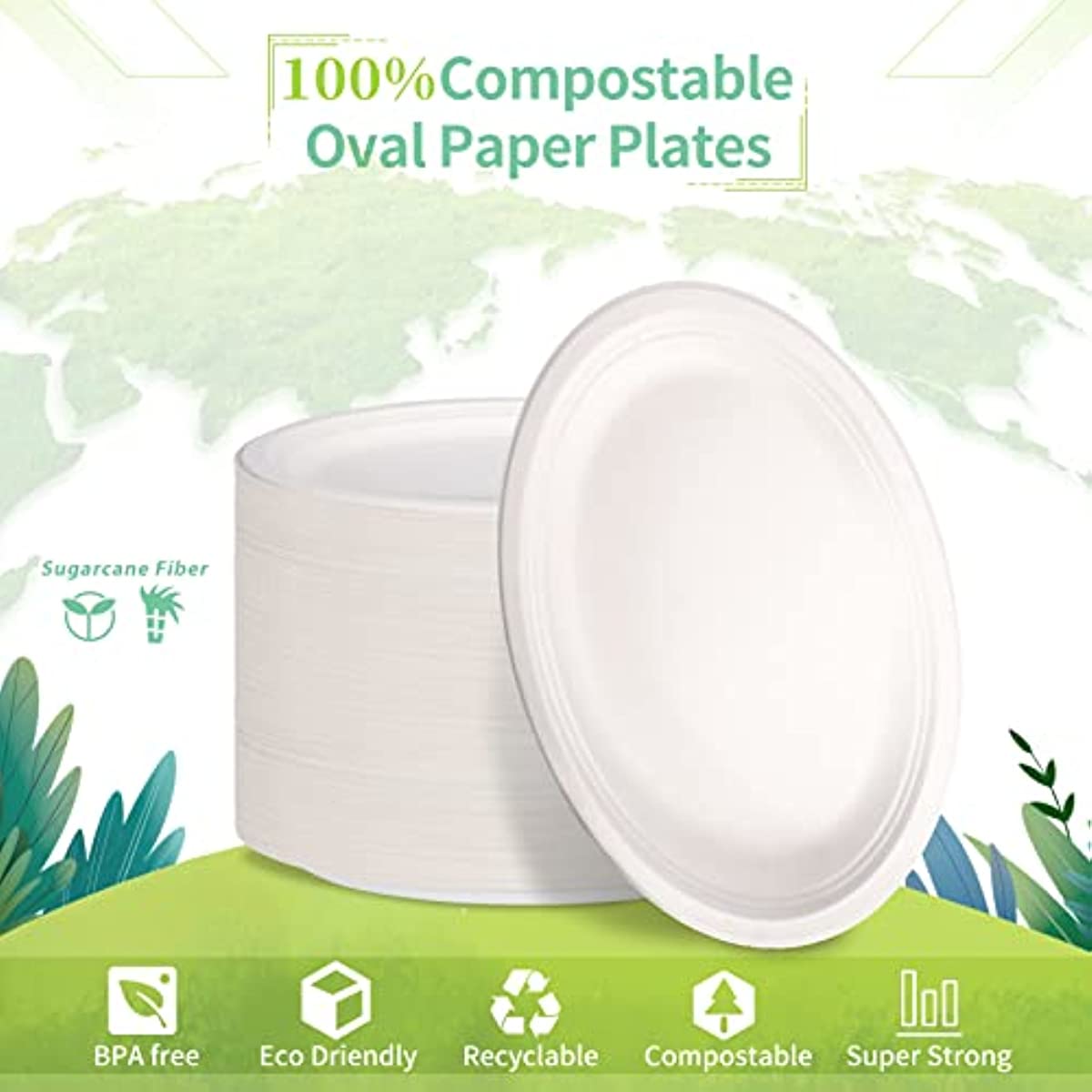 Disposable Paper Plates,12.5 Inch Oval Paper Plates,Super Strong Eco-Friendly Plates,100% Compostable Biodegradable Plates,White Oval Paper Dinner Plates for Party,Picnic,Large,Thicken