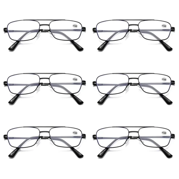 6 PK Mens Retro Aviator Reading Glasses Metal Frame Blue Light Blocking Readers