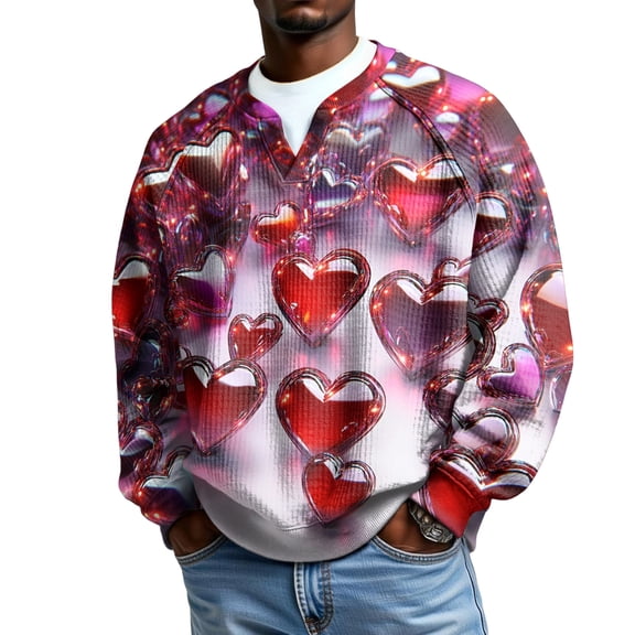 QHRMKOG Mens Sweatshirts Romantic Valentines Day Heart Print Pullover Relaxed Fit Waffle Knitted V Neck Sweatshirts Autumn Casual Long Sleeve Top Pink XL