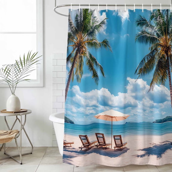 Summer Beach Coastal Waterproof Fabric Shower Curtain,Blue Sea Ocean Landscape Hawaii Waterproof Fabric Shower Curtain for Bathroom Curtains Bathtubs Shower Curtains with 12 Hooks Standard 66x72