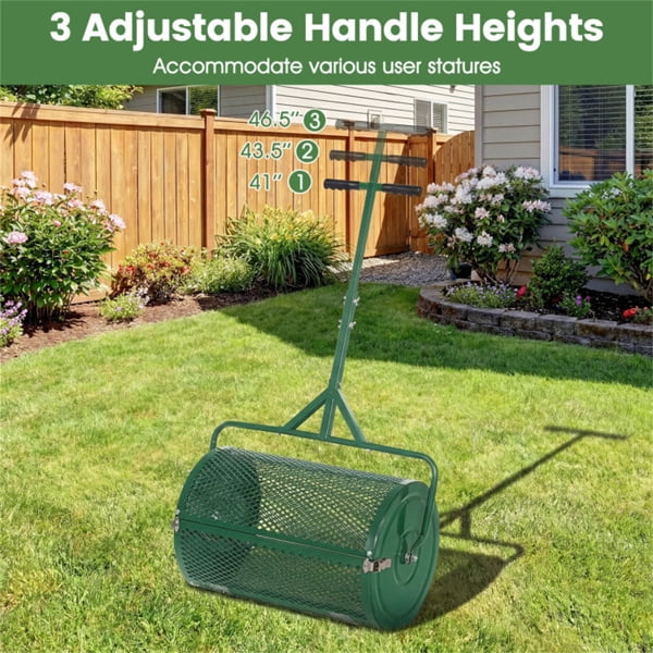 imerelez 24 inch Compost Spreader for Lawn, Lightweight Metal Mesh Lawn with 0.75"×0.5" Mesh for Topdressing & Seedling, Fertilizer Topsoil Peat Moss Spreader Roller, Garden Yard Care (Green)