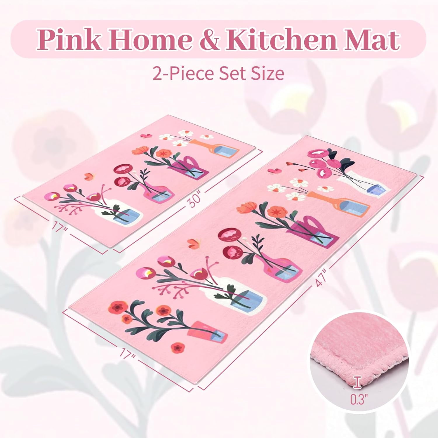 Floral Pink Kitchen Mats for Floor Set of 2, Flower Floor Mat Carpet Runner Area Rug Washable, Pink Home Kitchen Decor and Accessories Stuff, 17x30 and 17x47 Inch