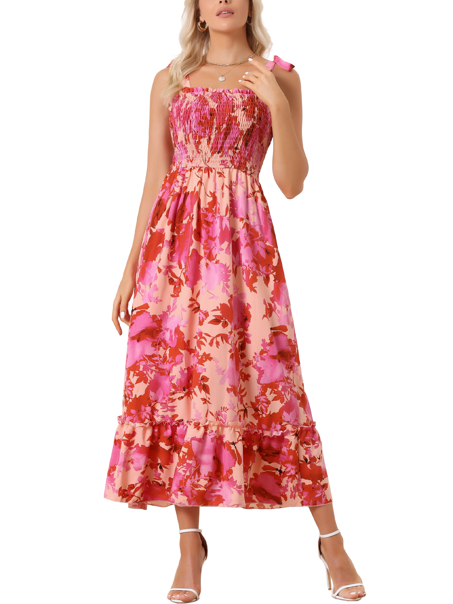 Allegra K Women's Tie Straps Sleeveless Smocked Square Neck