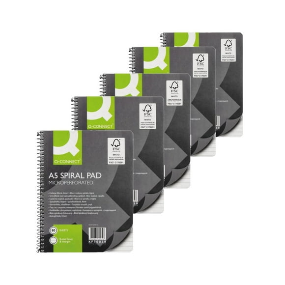 Q-Connect Exécutif A5 Plus 80 Feuilles Lignées Fendue et Marge Coussin en Spirale (Lot de 5)