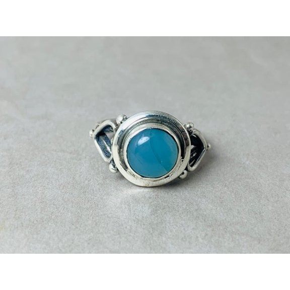 Heaven Crafts Blue Chalcedony Ring Round Shape Gemstone 925 Sterling Silver Boho Minimalist Design