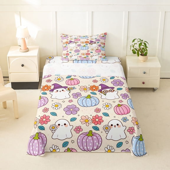 Manfei Funny Ghosts Flowers Twin Sheets,Happy Halloween Bedding,Pink,3-Piece,1 Fitted Sheet and 1 Pillowcase