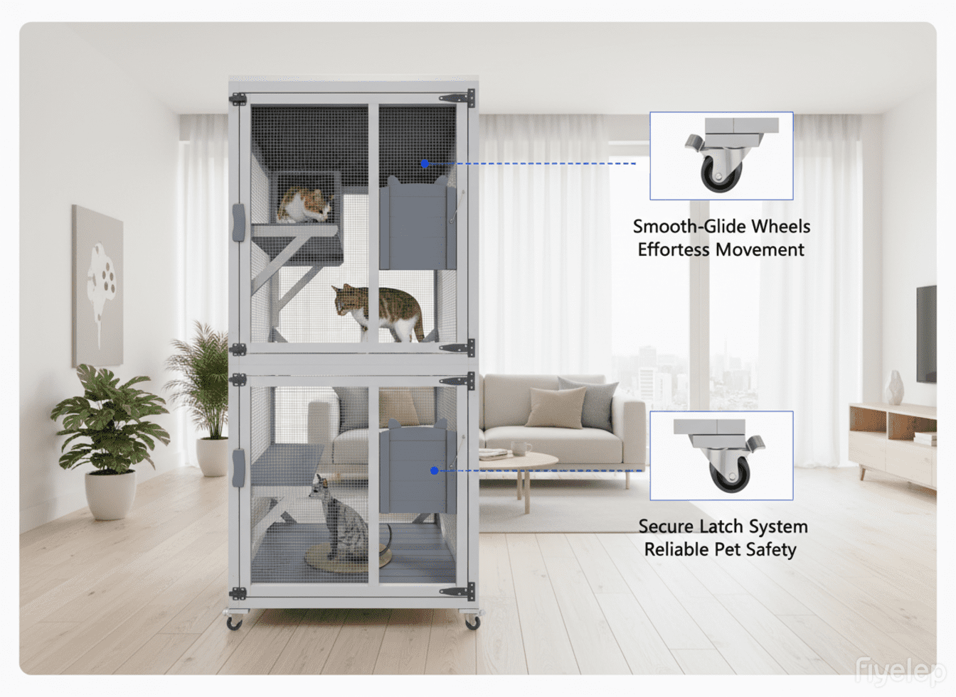 ANYKOON Portable Cat Enclosure Catio  with Wheels 74.8" Large Outdoor Cat Enclosure, Multi-Level Cat Playpen with Lockable Doors & Easy-Clean Tray for Indoor/Outside Use