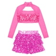 thumbnail image 3 of Alvivi Kids Girls Sequins Long Sleeve Latin Jazz Hip Hop Dance Crop Top with Skirted Shorts Set Hot Pink 12, 3 of 5