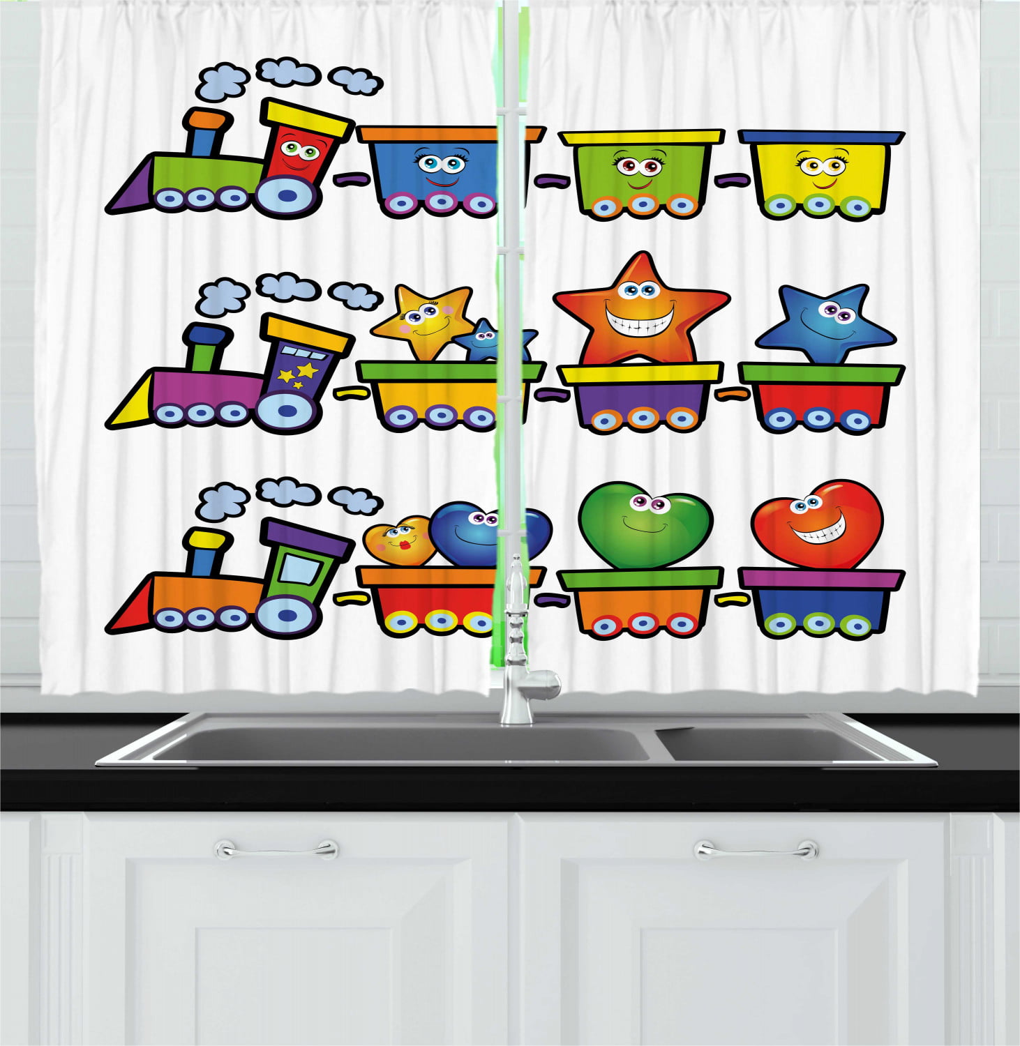 Bedroom Backout Curtain Nursery Trains Loaded with Stars Hearts and Smiles Cheerful Happy Locomotive Cartoon Print waterproof W55x45L Inches Multicolor 