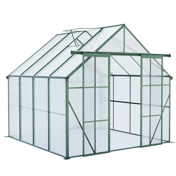 8x8 FT Heavy Duty Polycarbonate Greenhouse, Double Door Walk-In Design with Raised Base & Anchors for All Seasons