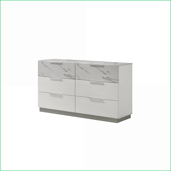 Dressers: Modern White Lacquer Dresser with 6 Drawers, Marble Accents & Velvet-Lined Top Drawers | White | Wood
