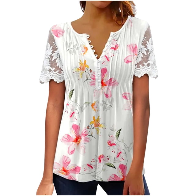 Camisetas con estampado floral y cuello en V para mujer Blusas femeninas cómodas de encaje a la moda Tops OAVQHLG3B Store lin121212