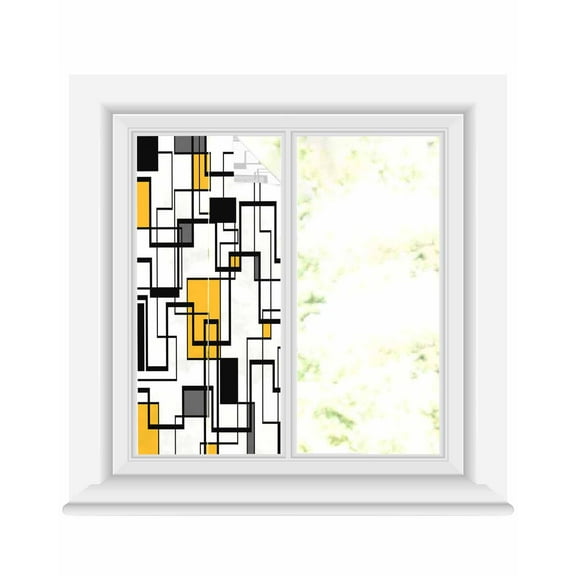 Window Privacy Film Yellow Geometric Stained Glass Window Film Decorative Sun Block Window Cover Modern Minimalist Black Abstract Art Window Clings Static Adhesive Sticker for Bathroom 19.6"x39.3"
