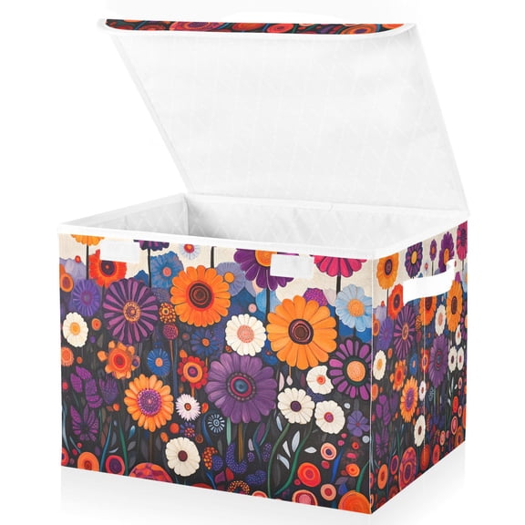 Yayeee Collapsible Cube Storage Bin with Lid Fabric Closet Decorative Basket with Handles, Purple Flowers