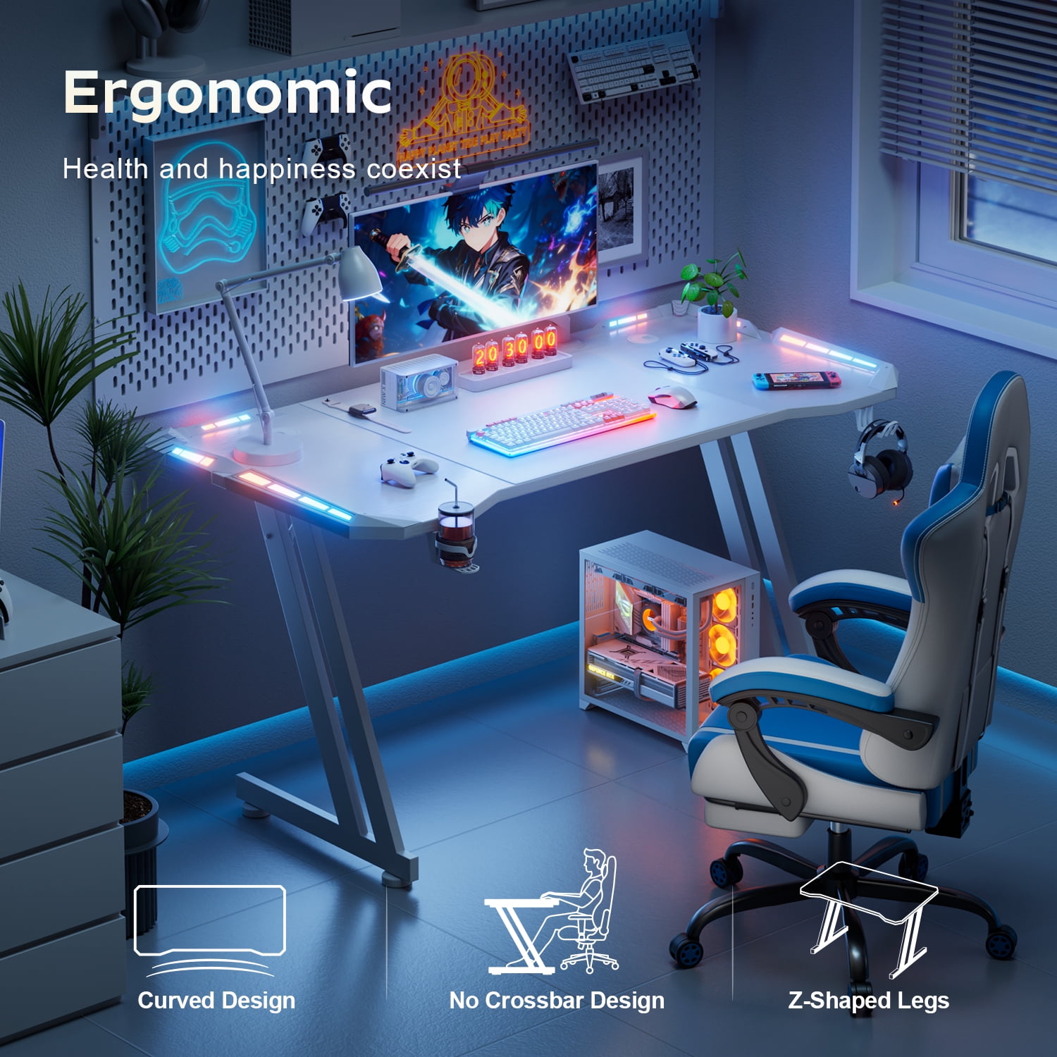 HLDIRECT 47 Inch Gaming Desk with LED Lights Carbon Fibre Surface Gaming Table Large Computer Desk Ergonomic Home Office Desks Z Shaped PC Gamer Workstations with Cup Holder & Headphone Hook White