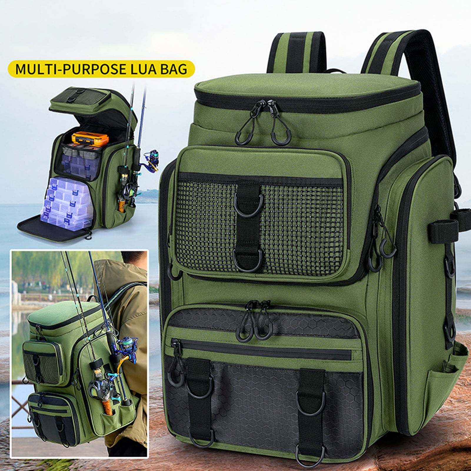 Blusea Fishing Tackle Backpack , Large Outdoor Storage Tackle Bag  for Fishing Gear,Green（NO Trays）