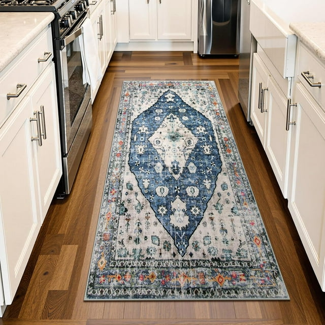 Lahome Boho Tribal Runner Rug - 2x4.3 Blue Hallway Runner Rug Small Bathroom Rug, Oriental Soft Machine Washable Non Slip Bedside Carpet Runner for Bedroom Entrance Kitchen Living Laundry Room