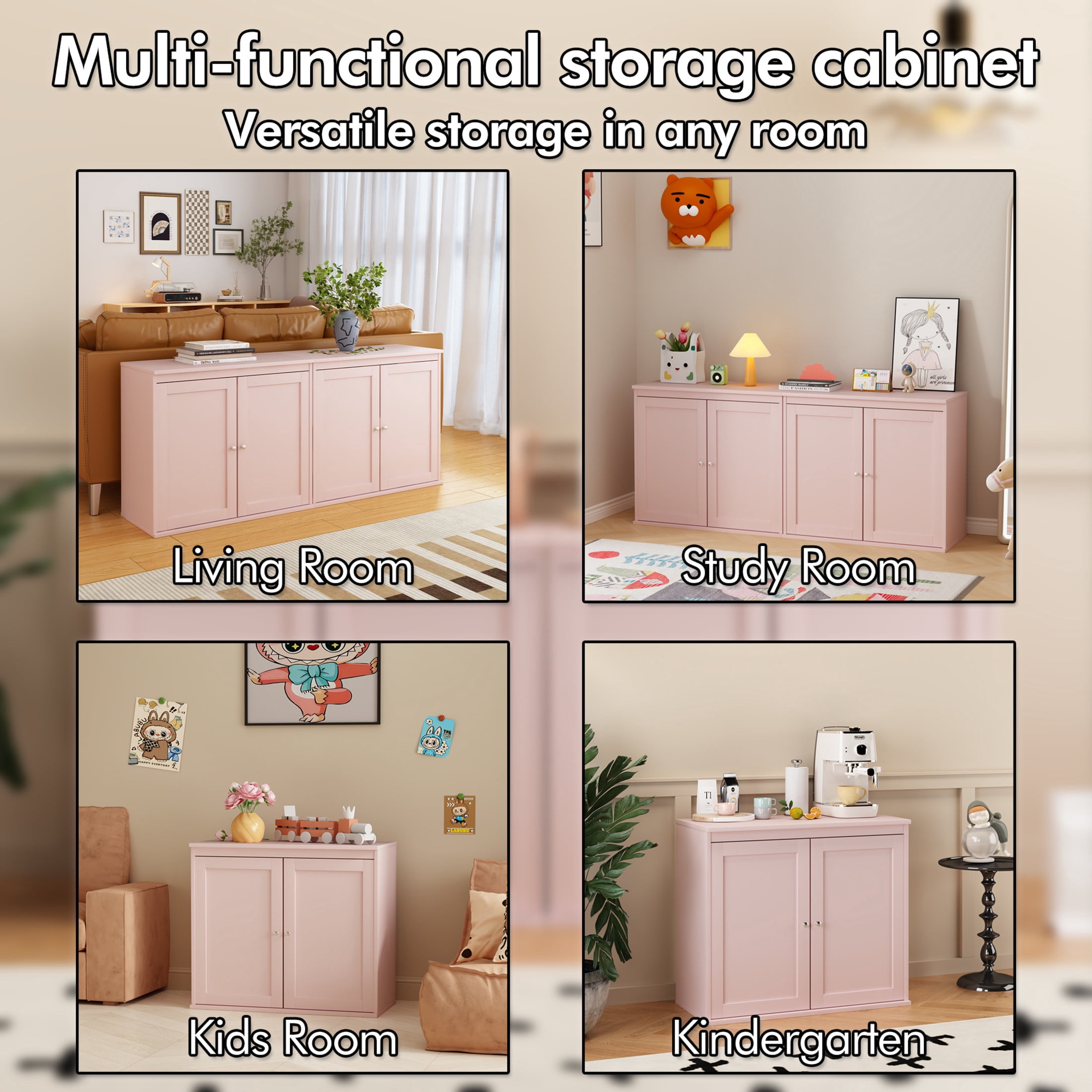Noble House Reina Kitchen Storage Cabinet with Doors & Adjustable Shelves, Sideboard Buffet for Dining Room, Pink