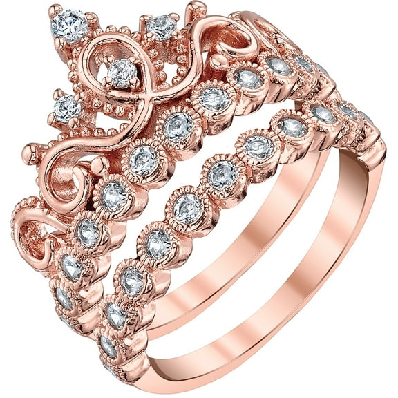 Sterling Silver Princess Crown Ring and Band Set (Rose Gold Plated)