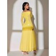 thumbnail image 2 of Women Yellow One Shoulder Long Sleeve Floral Embroidery Ruched Waist Maxi, 2 of 6