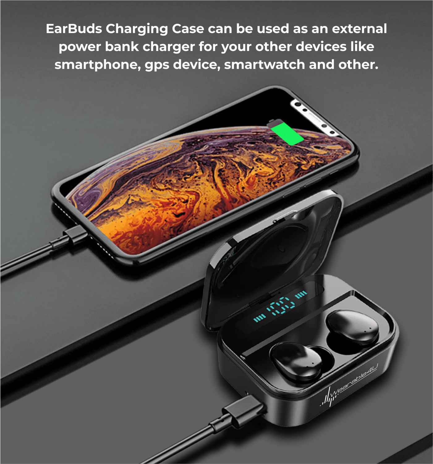 Wearable4U Black Wireless Ear Buds Bluetooth EarBuds with Charging Case Power Bank 1500 mAh Case