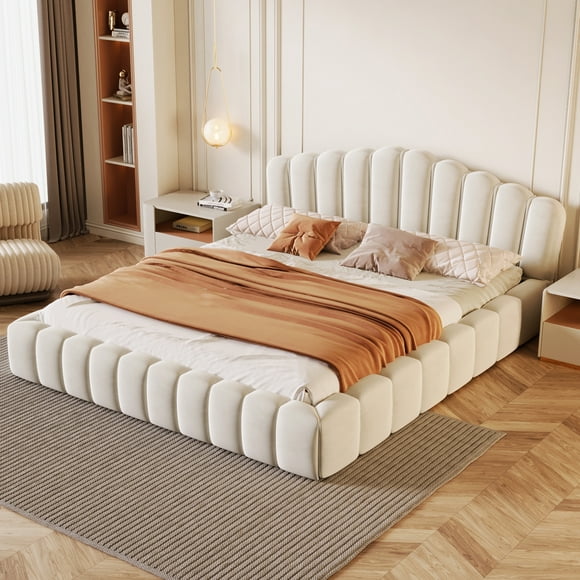 MODERNLUXE Queen Size Upholstered Grounded Bed Frame with Shell-Shaped Headboard,Modern Velvet Floor Bed for Kids Adults,Easy Assembly,Beige