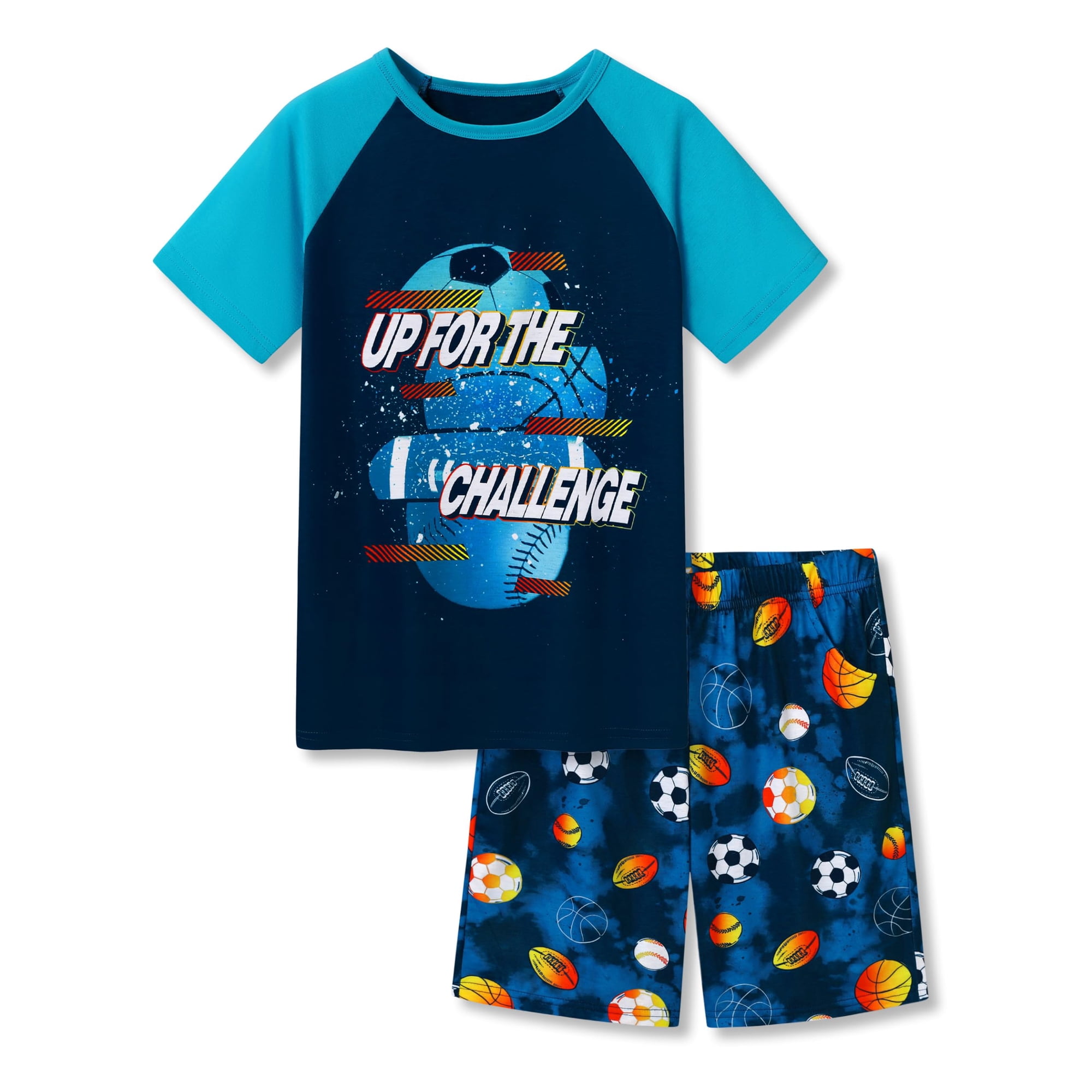 Beezizac Pajamas For Boys Fun Up for the challenge Blue Short Sleeves Summer PJs Set Kid Comfy Sleepwear Size 6