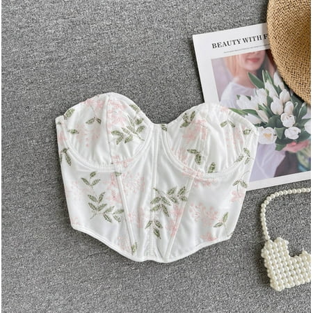 Chic Corset Crop Top Embroidery Strapless Tube Tops With Bulit In Bra Floral Off-shoulder Camisole Vintage ins Hot Dropshipping