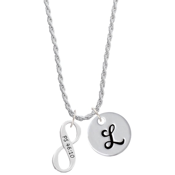 Delight Jewelry Silvertone Psalm 46:10 Infinity Sign Silvertone Script Initial Disc - L - Charm Necklace, 20"+3"