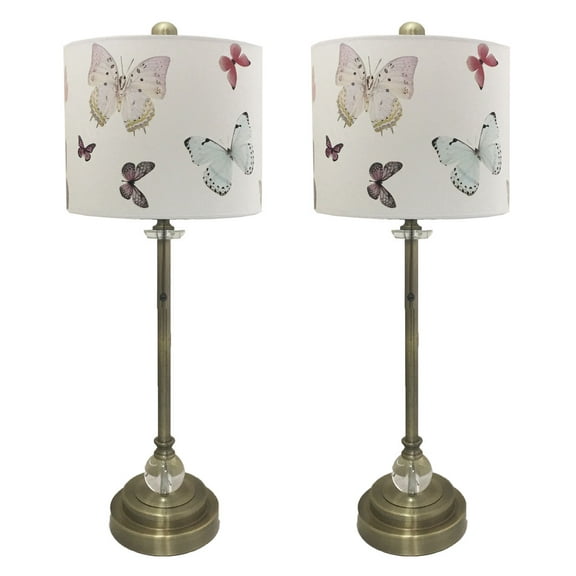 Royal Designs 28" Crystal and Antique Brass Buffet Lamp with Colorful Butterfly Design Hard Back Lamp Shade, Set of 2
