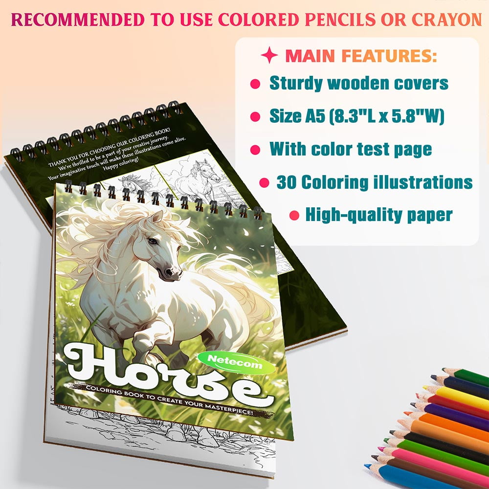 Netecom Horse Coloring Book Spiral Bound For Adults, A5 Wooden Cover, 30 Majestic Coloring Pages of Horses in Nature for Stress Relief and Relaxation