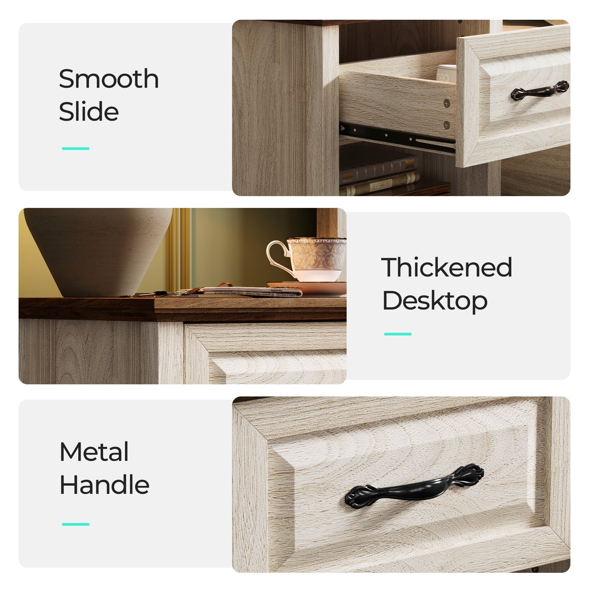 Linsy Home Nightstand for Bedroom set of 2 with Charging Station, Farmhouse End Tables for Living Room set of 2 with Drawer, Beige