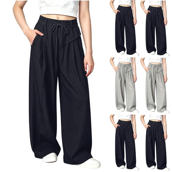 Acaics Girls' Wide Leg Casual Pants, Drawstring Elastic High Waist Lightweight Wrinkle Free Loose Trousers with Side Pockets for Back to School Daily Outdoor Wear, Sizes 5–14