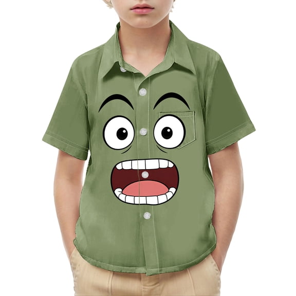 LEKWK Boys Button Down Shirt Short Sleeve Funny Smile Face Print Turn Down Collar Top Novelty Holiday Beach Party Wear