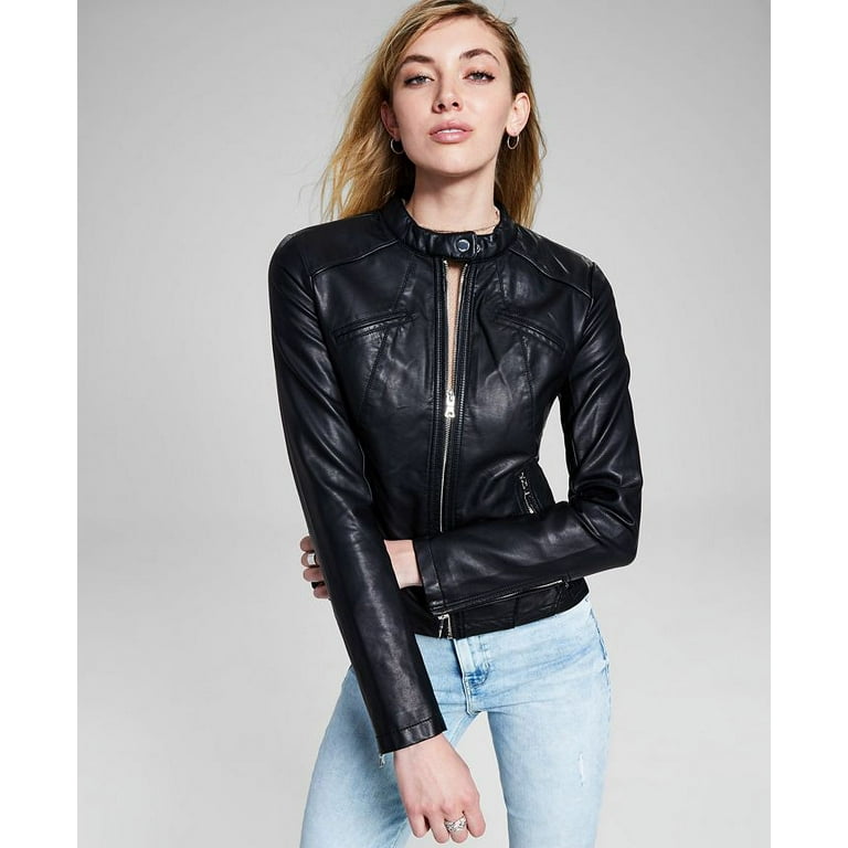 Guess BLACK Women's Band Collar Faux Leather Jacket, US XXL
