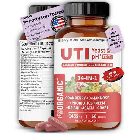 UTI Yeast & pH Pro  for Daily Feminine Hydration & Balance Support with Cranberry, D-Manose, Aloe, Hibiscus, Third-Party Tested, Made in GMP Facility, Vegan, Gluten-Free: 60 Cap