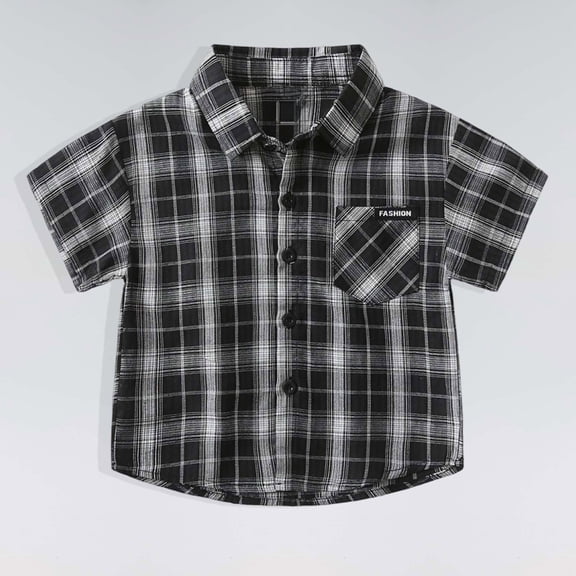 OSOLU Boys Shirts Button Down Short Sleeve Black White Plaid Turndown Collar with Pocket Casual Shirts Black