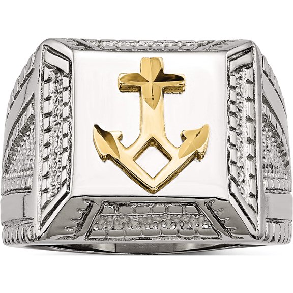 Stainless Steel Polished With Sterling Silver Yellow Ip-Plated Anchor Ring (Size 12) Made In China sr471-12