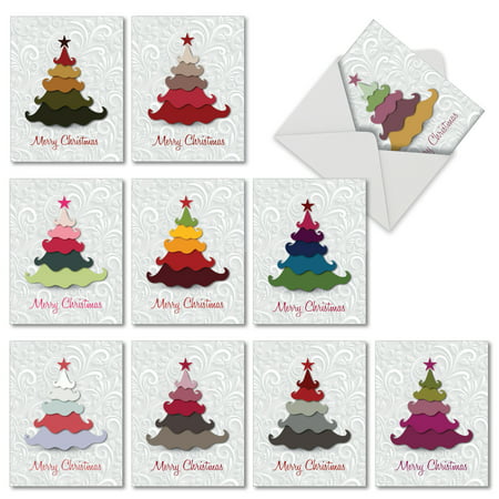 'm2939xsb holiday hues' 10 assorted merry christmas cards featuring graphic christmas tree image in bright non-traditional holiday colors on a swirl background, with envelopes by the best card