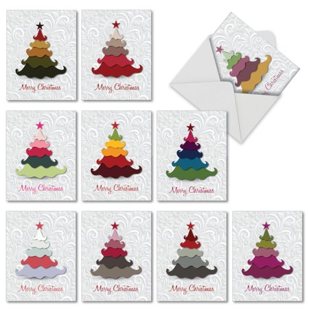 'm2939xsb holiday hues' 10 assorted merry christmas cards featuring graphic christmas tree image in bright non-traditional holiday colors on a swirl background, with envelopes by the best card (The Best Graphics Card)