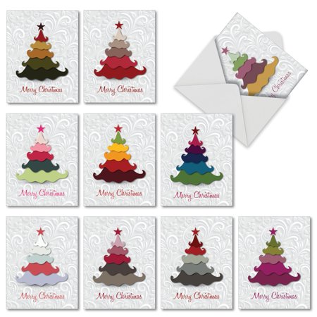'm2939xsb holiday hues' 10 assorted merry christmas cards featuring graphic christmas tree image in bright non-traditional holiday colors on a swirl background, with envelopes by the best card company