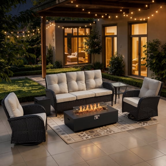 Opohoro 6-Piece Outdoor Patio Fire Pit Set with Sofa and Flat Arm, 43" Fire Pit Table, Propane Tank Cover for Deck Backyard