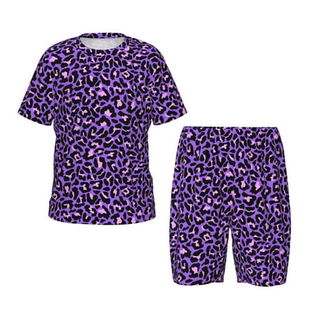 Luyuia Purple Leopard Print Girls  2-Piece Tie-Dye Pajama Set  Cute Summer Loungewear with Shirt and Tank Shorts Nightwear-3X-Large