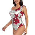 thumbnail image 3 of Yiaed Leaves And Anemone Flowers In Red Grey Print Women One Piece Swimsuits Tummy Control One Shoulder Bathing Suits Pattern Ruffle Swimwear-Medium, 3 of 8