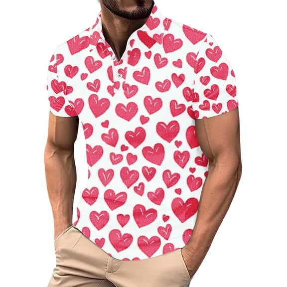Eryao Valentines Day Shirts Men Heart Print Graphic Tops Short Sleeve Button V Neck Henley Tees,Purple,L
