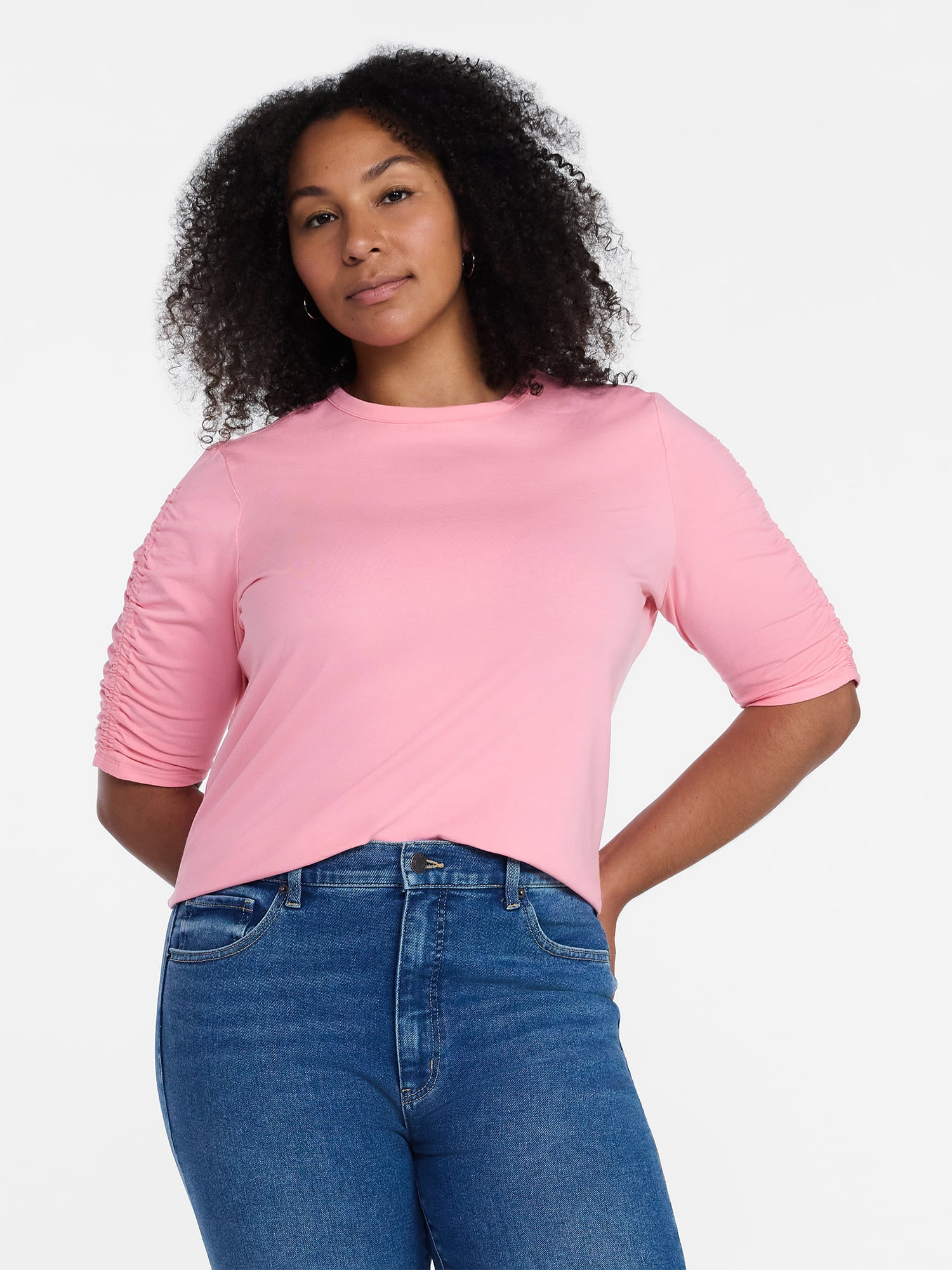 Time and Tru Women's Ruched Elbow Sleeve Tee, Sizes XS-XXXL