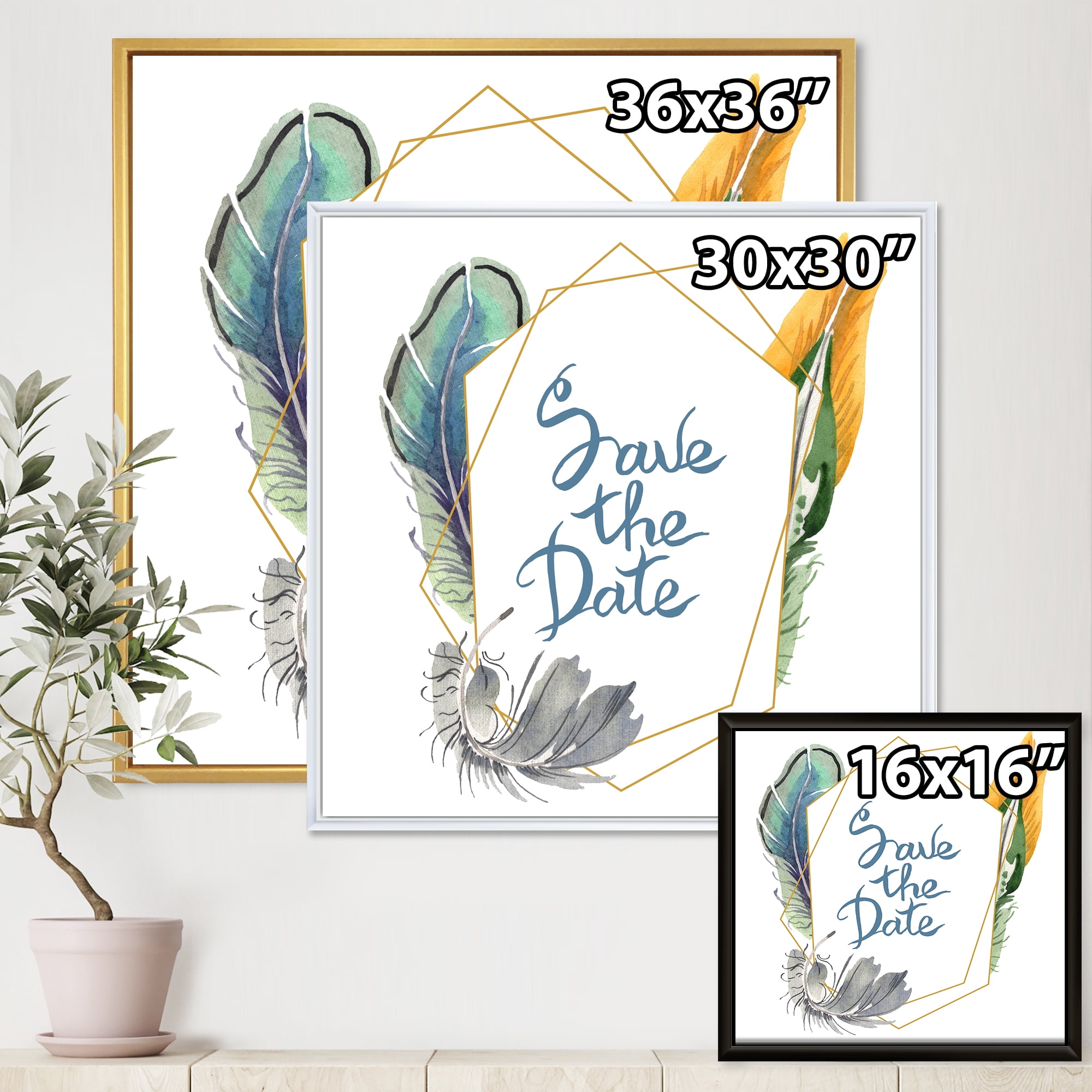 Designart 'Save The Date Bird Blue Feather' Bohemian & Eclectic Framed Canvas Wall Art Print