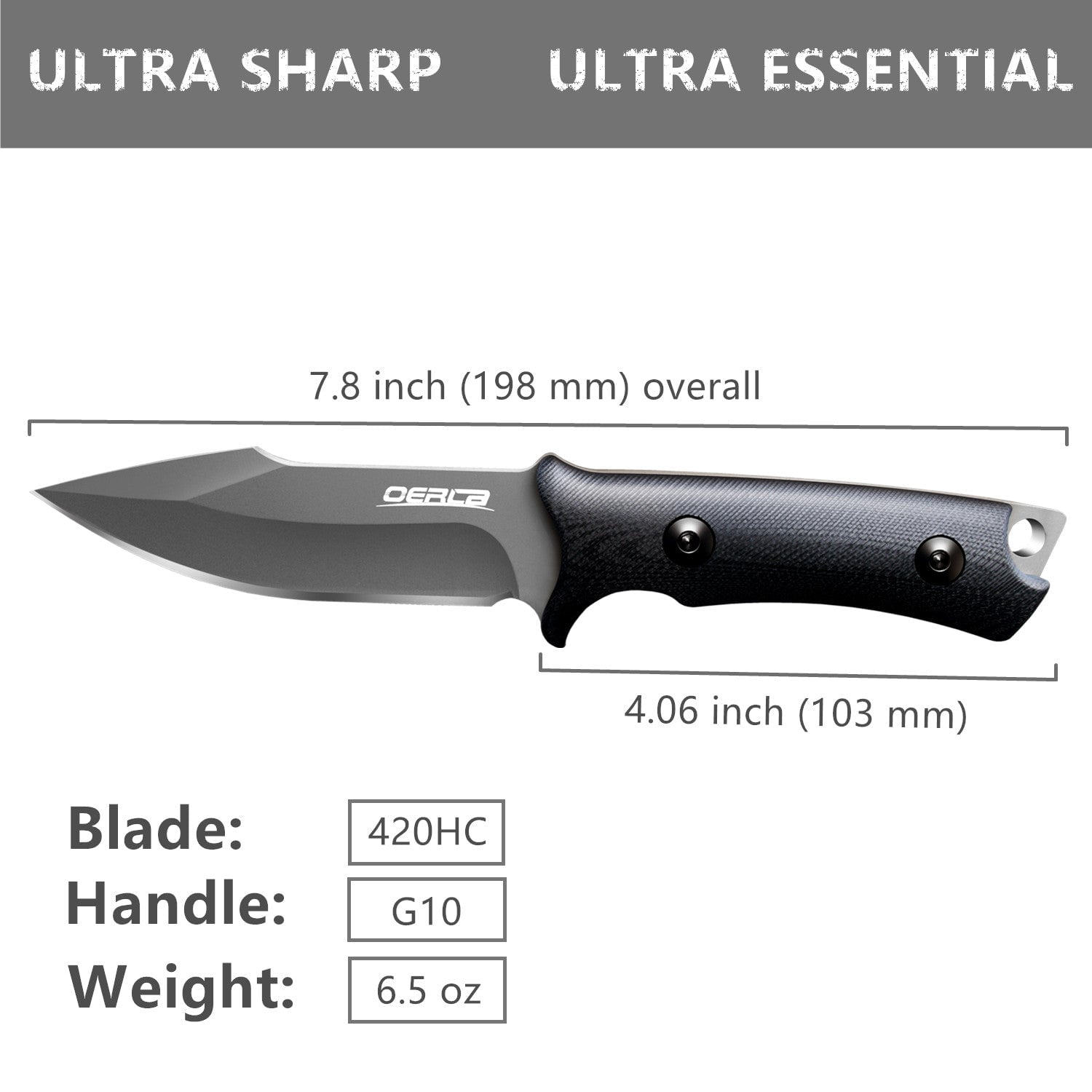 Oerla OLF-1009 Tactical Fixed Blade Knife 3.8 inch Blade with Black G10 Handle