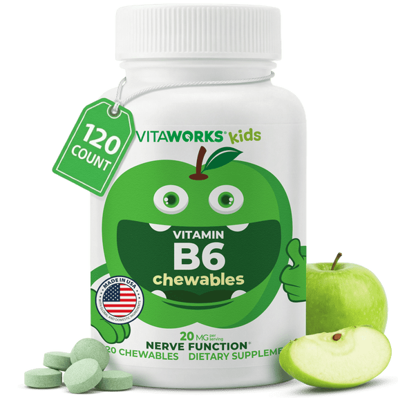 VitaWorks Kids Vitamin B6 Chewable Tablets - 20mg - Great Tasting Green Apple Flavor - Vegan, Non-GMO, Kosher - Brain Function - 120 Chewables